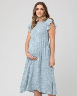 Ava Shirred Dress  Petrol / White