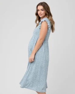 Ava Shirred Dress  Petrol / White