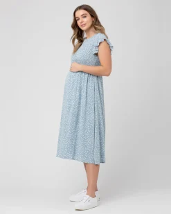 Ava Shirred Dress  Petrol / White