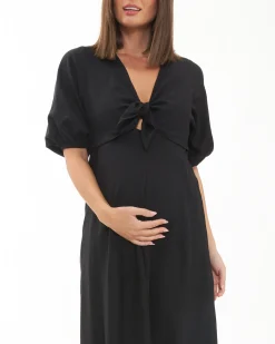 Camille Tie Front Linen Dress Black