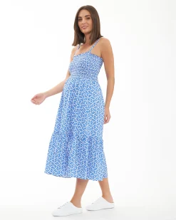 Capri Shirred Dress  White / Lapis
