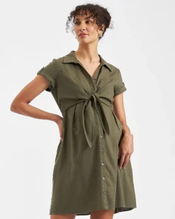Colette Tie Up Linen Dress Olive