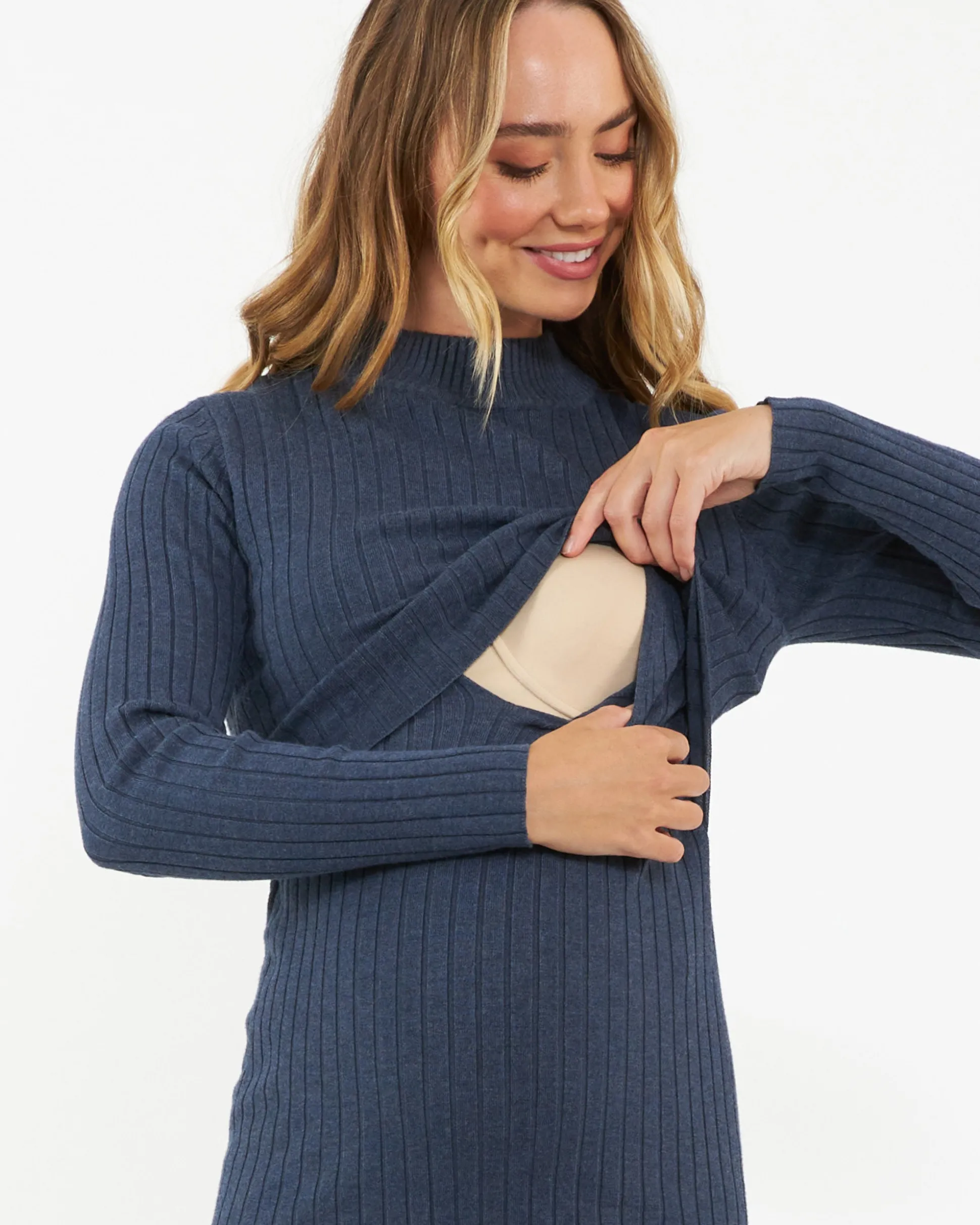 Nella Rib Nursing Knit Dress Denim Marle